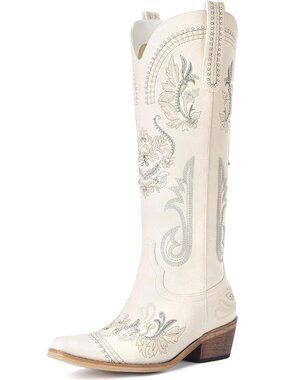 Women's Cream Rubber Knee High Western Cowgirl Sparkly Rhinestone Heeled Boots